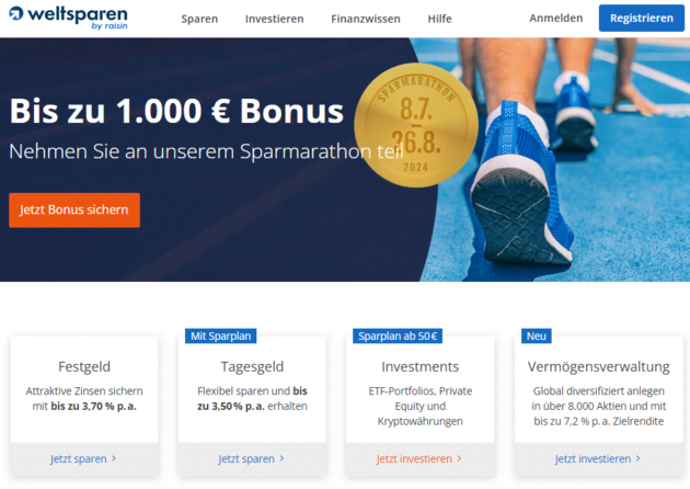 Das ist der aktuelle WeltSpareb Bonus auf der Website des Anbieters